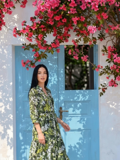 Green Tropical Print Tiered Midi Dress