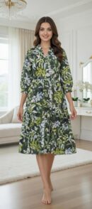Green Tropical Print Tiered Midi Dress