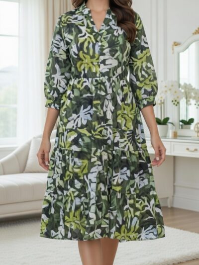 Green Tropical Print Tiered Midi Dress