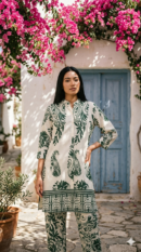 Off White & Forest Green Paisley Print Co-ord Set – Kurta + Trouser
