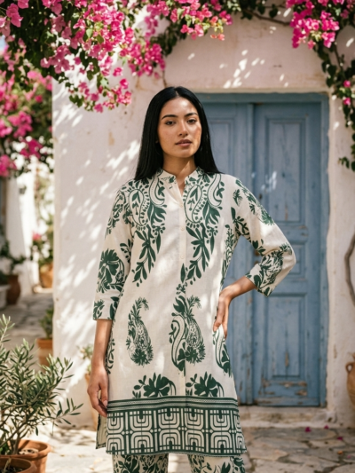Off White & Forest Green Paisley Print Co-ord Set – Kurta + Trouser
