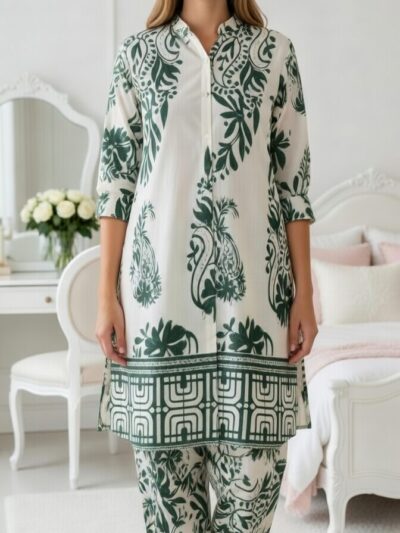 Off White & Forest Green Paisley Print Co-ord Set – Kurta + Trouser