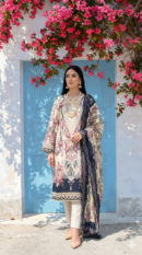 Cream & Pink Floral 3-Piece Lawn Suit with Navy Dupatta