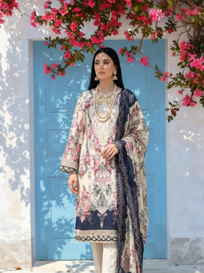 Cream & Pink Floral 3-Piece Lawn Suit with Navy Dupatta