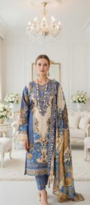 Blue & Gold Floral Mughal 3-Piece Lawn Suit with Dupatta