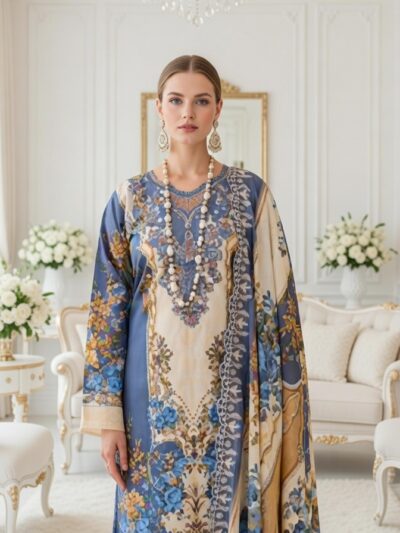 Blue & Gold Floral Mughal 3-Piece Lawn Suit with Dupatta
