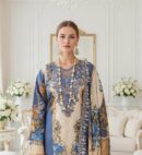 Blue & Gold Floral Mughal 3-Piece Lawn Suit with Dupatta
