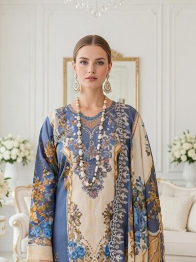 Blue & Gold Floral Mughal 3-Piece Lawn Suit with Dupatta