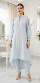 Sky Blue Pearl Trim Hi-Low Kurta + Trouser Set