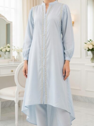Sky Blue Pearl Trim Hi-Low Kurta + Trouser Set