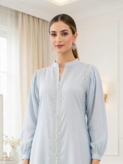 Sky Blue Pearl Trim Hi-Low Kurta + Trouser Set
