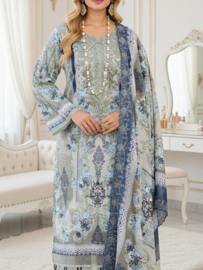 Sage & Blue Floral Printed 3-Piece Lawn Suit with Dupatta