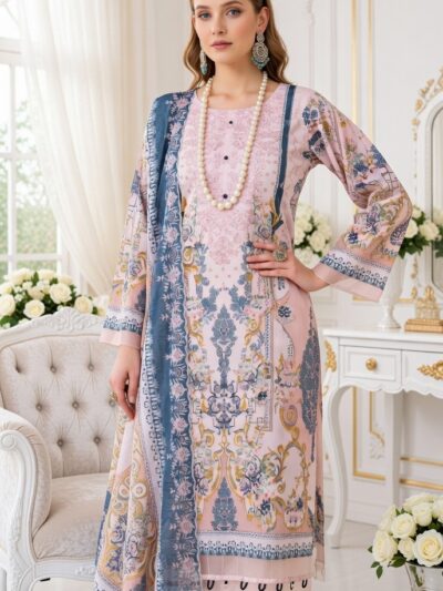 Blush Pink Mughal Print 3-Piece Lawn Suit with Dupatta
