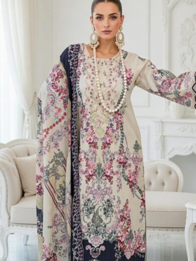 Cream & Pink Floral 3-Piece Lawn Suit with Navy Dupatta