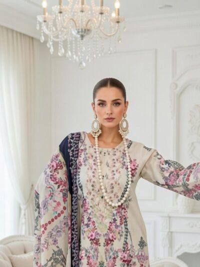 Cream & Pink Floral 3-Piece Lawn Suit with Navy Dupatta