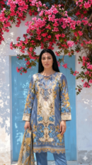 Blue & Gold Floral Mughal 3-Piece Lawn Suit with Dupatta