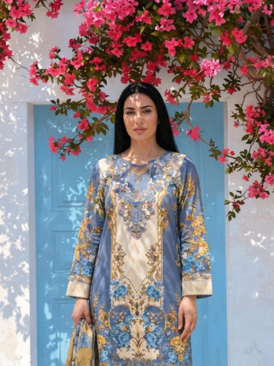 Blue & Gold Floral Mughal 3-Piece Lawn Suit with Dupatta