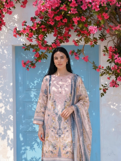 Blush Pink Mughal Print 3-Piece Lawn Suit with Dupatta