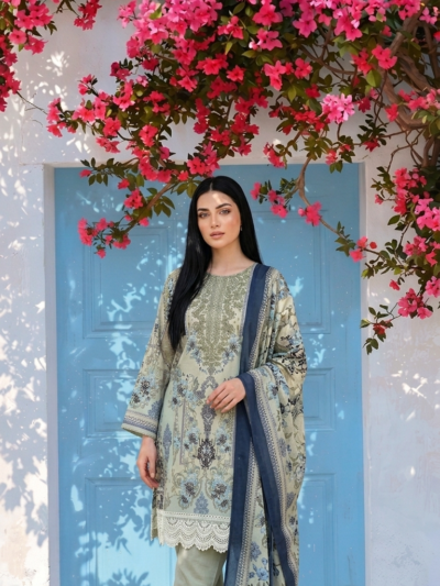 Sage & Blue Floral Printed 3-Piece Lawn Suit with Dupatta