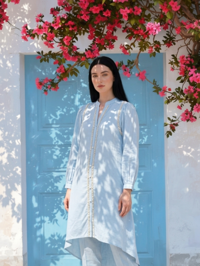 Sky Blue Pearl Trim Hi-Low Kurta + Trouser Set