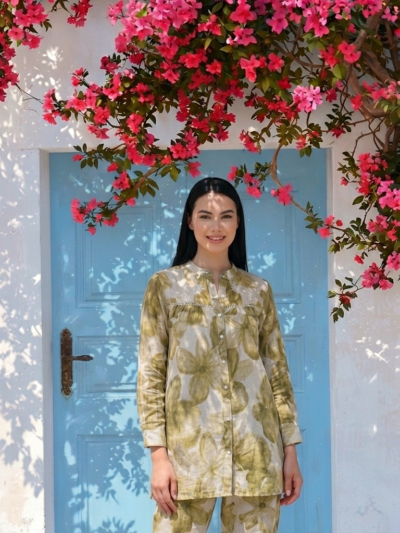 Olive Floral Print Co-ord Set – Kurta + Trouser
