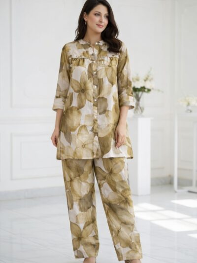 Olive Floral Print Co-ord Set – Kurta + Trouser