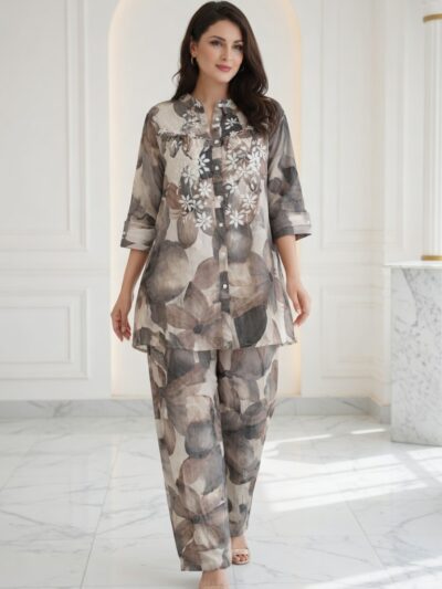 Grey & Mocha Watercolour Floral Co-ord Set – Kurta + Trouser